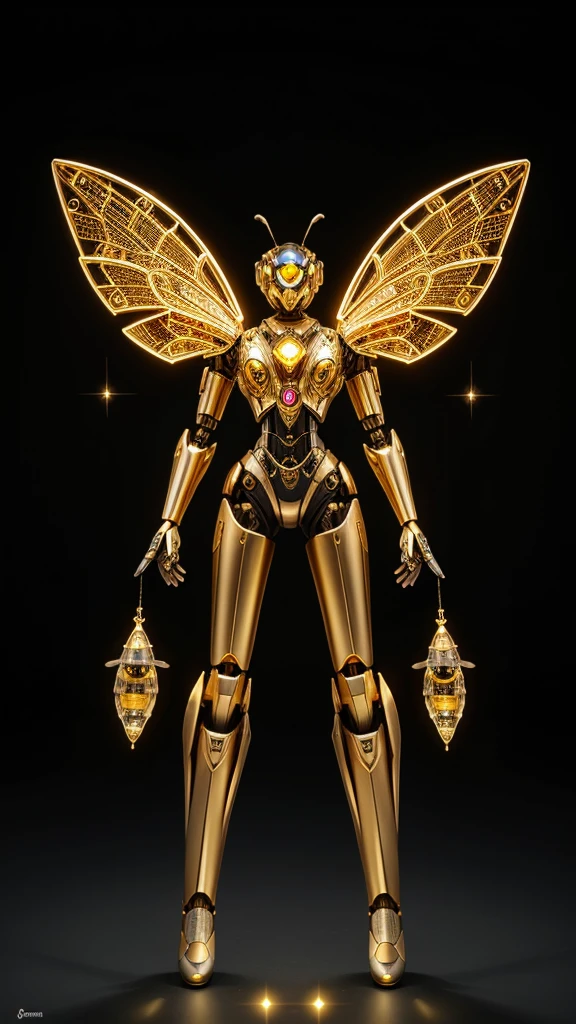 A futuristic robotic entity resembling a bee. It is adorned with intricate mechanical details, predominantly in shades of gold and silver. The robot possesses transparent, delicate wings that resemble those of a bee, allowing it to soar through space. The background is dark, dotted with sparkling particles, suggesting an outer space setting. The robot's head is equipped with glowing yellow eyes, and it seems to be gazing intently at something.