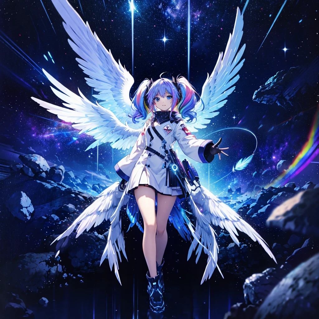 ((Archangel Fantasy Rainbow Hair Make your hair rainbow-colored on the inside Twin tails Dull blue eyes Has a galaxy uniform Put on a coat without putting your arms through it Wings many times larger than mine rainbow gradient feathers Digital Wings cyber punk Smiling Kindly front)) ((tears gloves)) (Broken glass Rolling Pebbles Distorted Space-Time star) Catch the wind milky way Shining Background Particles of light, rainbow colored edges Shining Edge star