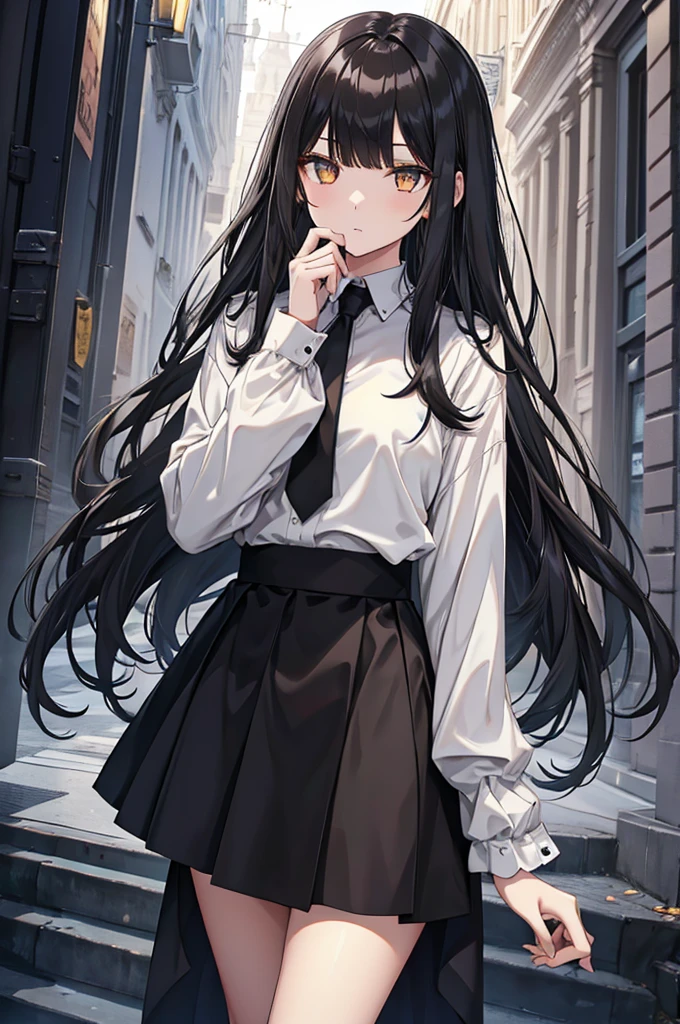 girl with long straight black hair, long bangs, golden eyes, slim and , short, wearing a white long-sleeved shirt, long black skirt