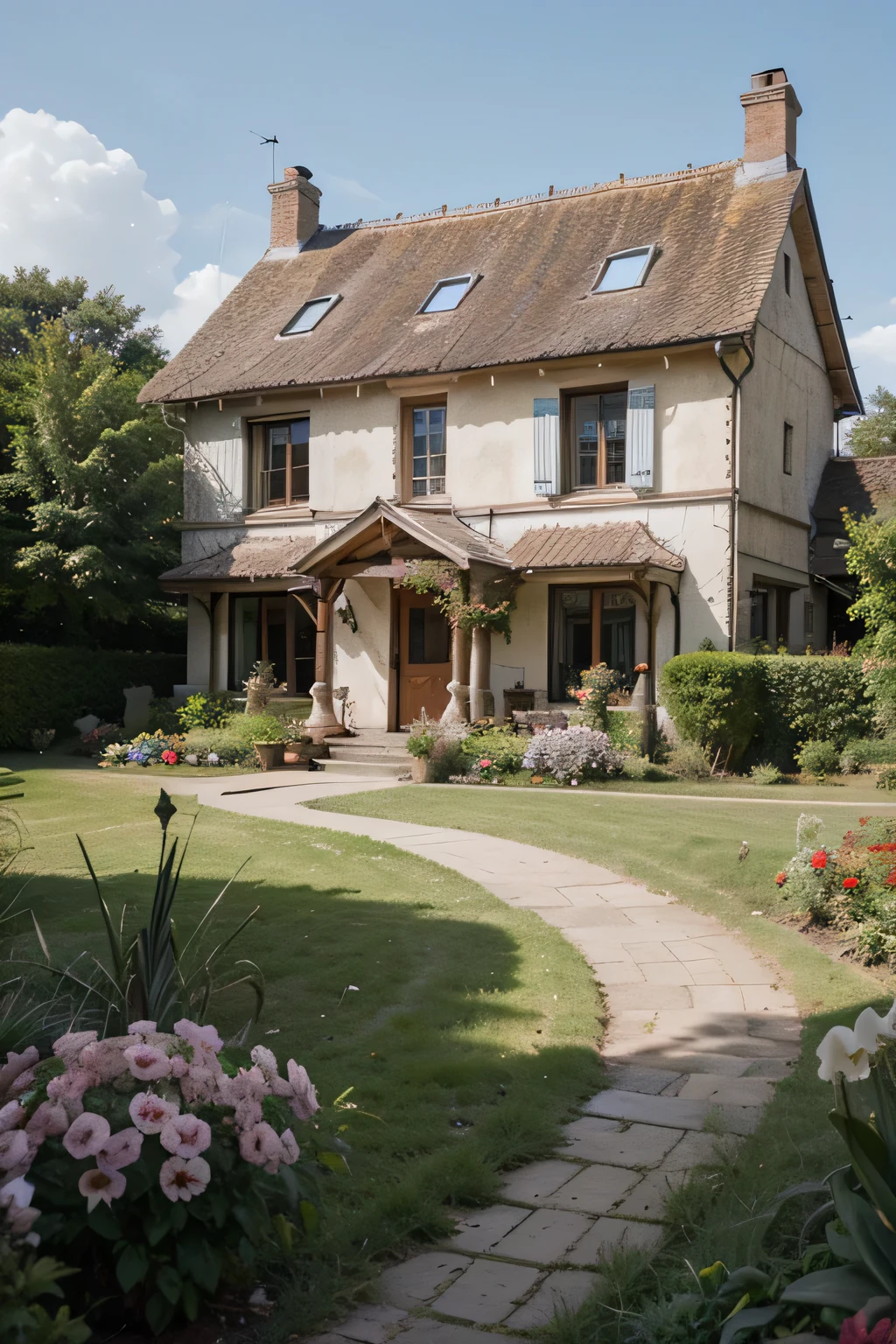 make a picture of an old vintage house with a cool and cool feel, and outside there is a beautiful aglo garden and orchids, give it your best HD quality