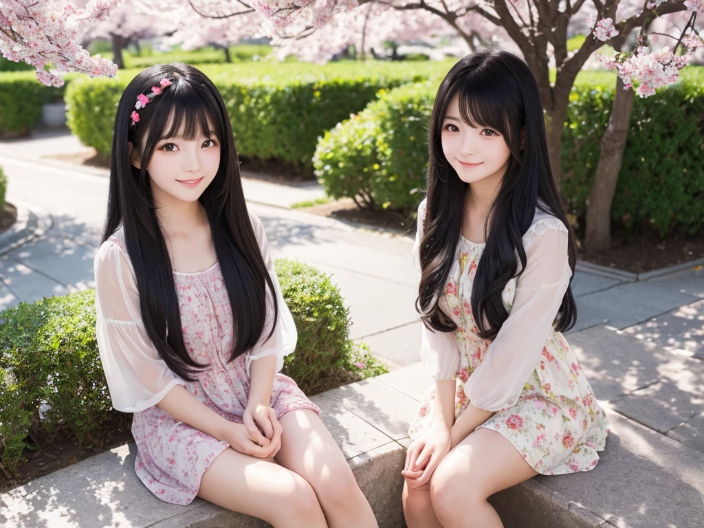 cute girl 

long hair 

(black hair) 

gentle smile 

colorful flower garden 

girl sitting 

clear scenery 

Big cherry trees on the left and right 

