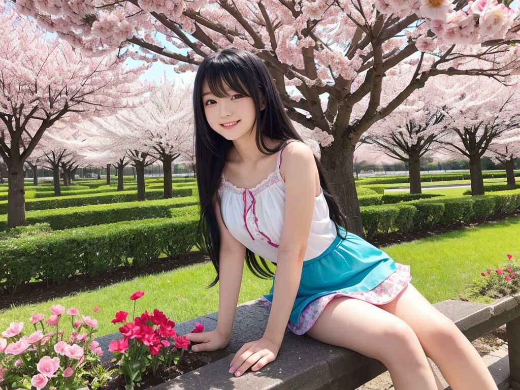 cute girl 

long hair 

(black hair) 

gentle smile 

colorful flower garden 

girl sitting 

clear scenery 

Big cherry trees on the left and right 

