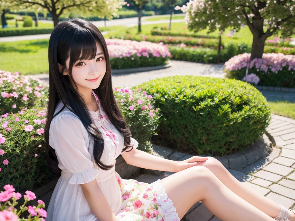 cute girl
long hair
(black hair)
gentle smile
colorful flower garden
girl sitting
clear scenery
Big cherry trees on the left and right