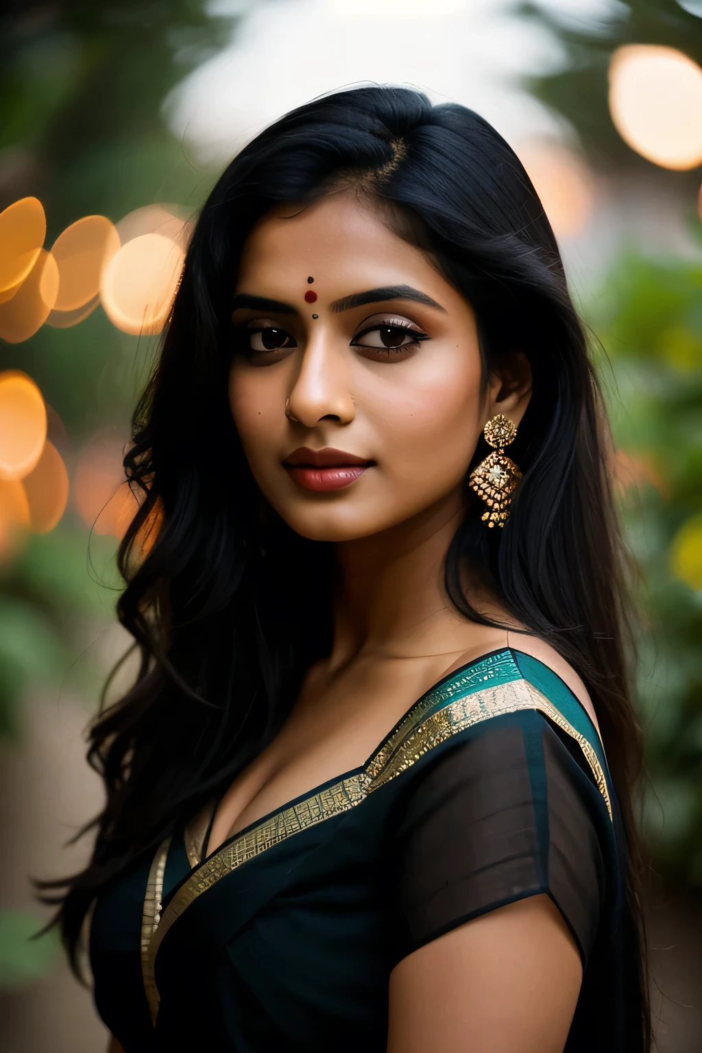 Photograph of a hot and beautiful Indian woman, realistic, with saree, long black hair, perfect eye, Porta 160 color, shot on ARRI ALEXA 65, bokeh, sharp focus on subject