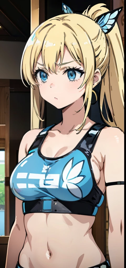 Seina Kashiwazaki, 1girl in, a blond, ponytail, butterfly hair ornament, (medium breast), latex cropped tank top, navel, (upper body:1.5), indoors