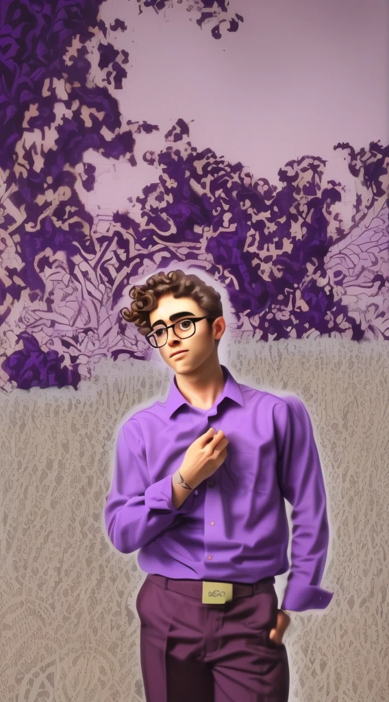 man, curly hair, glasses, purple shirt