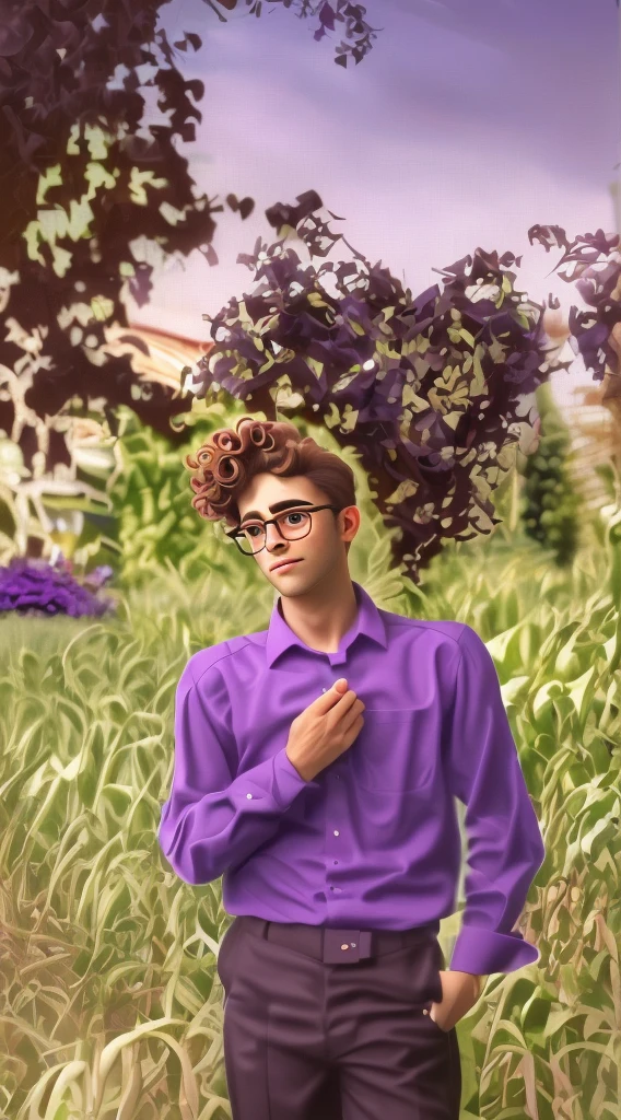 man, curly hair, glasses, purple shirt