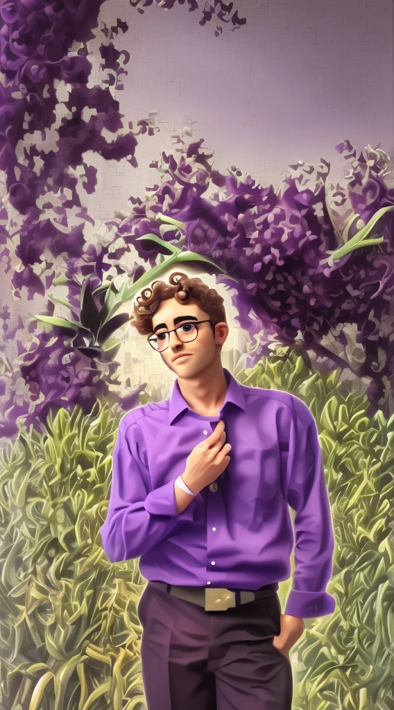 man, curly hair, glasses, purple shirt