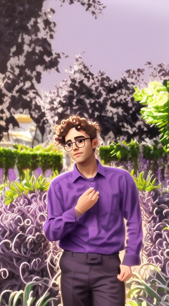 man, curly hair, glasses, purple shirt