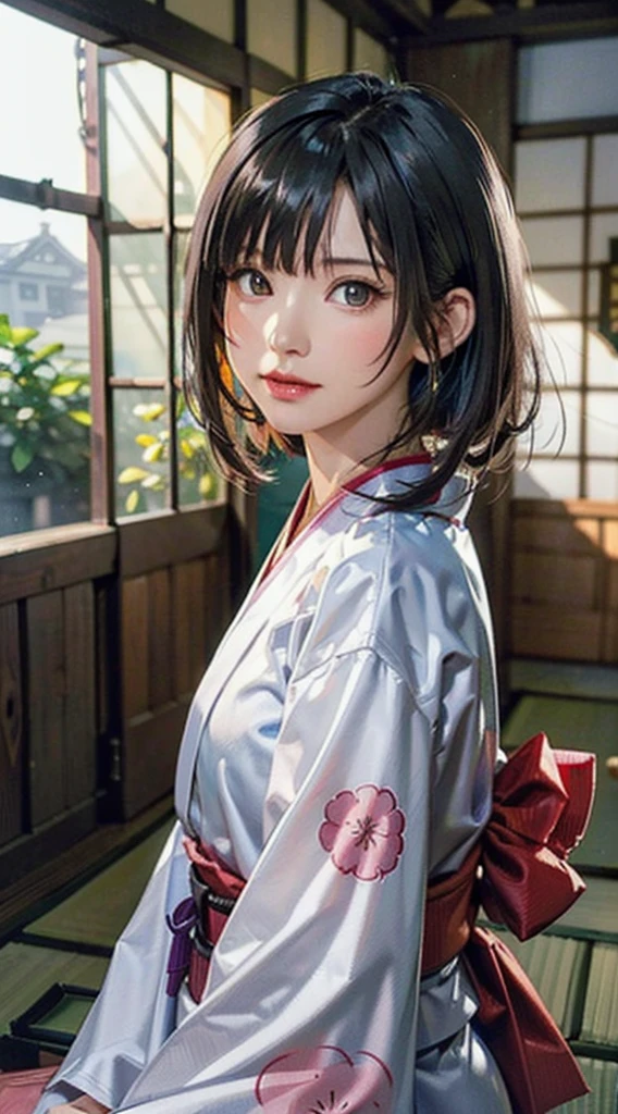 (Realistic)、(Realistic:1.2)、(High resolution)、Very detailed、Very beautiful face and eyes、1 girl、Delicate body、(highest quality、Attention to detail、Rich skin detail)、(highest quality、8k、Oil paint:1.2)、Very detailed、(Realistic、Realistic:1.37)、Bright colors、Full Body Shot,black_hair, Beautiful 8k eyes,Looking_in_Audience,One person in,Are standing,((Very beautiful woman, Fuller lips, Japanese pintern kimono))、((Colorful Japanese kimono)))、(((blackhair)))、(((Blunt bung，short hair)))、((( Inside an old Japanese house with a (short focus :1.4),)))、(masterpiece, highest quality, highest quality, Official Art, beautifully、aesthetic:1.2),(Fractal Art:1.3),Sengoku period、Greg Rutkowski Written by Alphonse Mucha Ropp,short ,uchikake,nishijin ori,(realistic light and shadow), (real and delicate background),(muted colors, dim colors, soothing tones:1.3), low saturation, (hyperdetailed:1.2), (noir:0.4),drow,blurry_light_background, (vibrant color:1.2), cinematic lighting, ambient lighting,Single Shot,Shallow Focus,pink lip,blurry light background,
