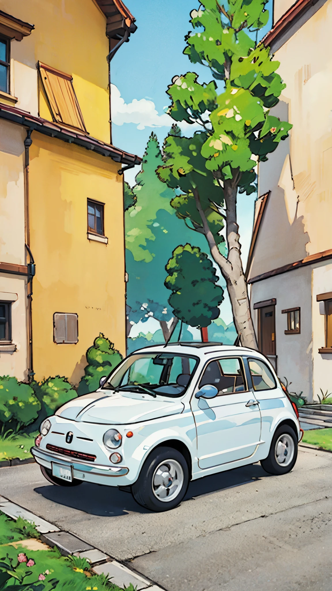 (masterpiece:1.2, Highest quality),(Very detailed),(((Anime Style))),8k,wallpaper,Fiat 500,(((ghibli style)))