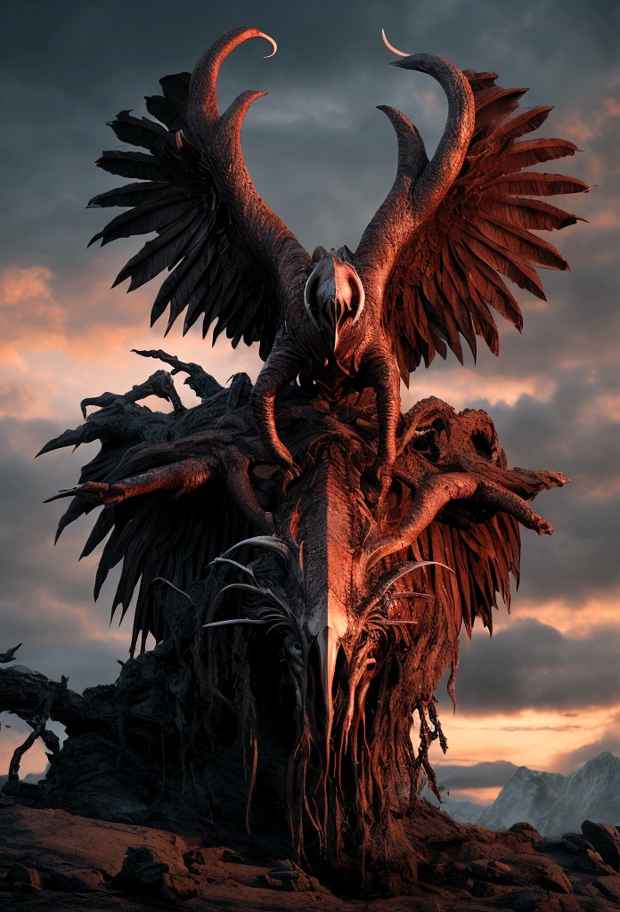 From the depths he emerges, vulture skull,
The crimson hues. Whispers of the otherworldly echo, A madness and beauty fuse. In the night sky adorned with abyssal splendor, Entwined by threads of fate, The deranged revel in ecstasy's roar, ruler of the depths, in our pursuit of desires so forlorn,
We embark on a path of madness and despair,
Guided by the disciples of the one we adorn. On the grand boulevard, grotesque forms stride,
Where terror and beauty intertwine.
In the realm betwixt dreams and nightmares,
We surrender ourselves to euphoria's shrine.
Praise his name, the vulture skull,
Monarch of the abyss, the wellspring of our insanity.
In this eternal procession's stage,
We celebrate the coming of the world's calamity.