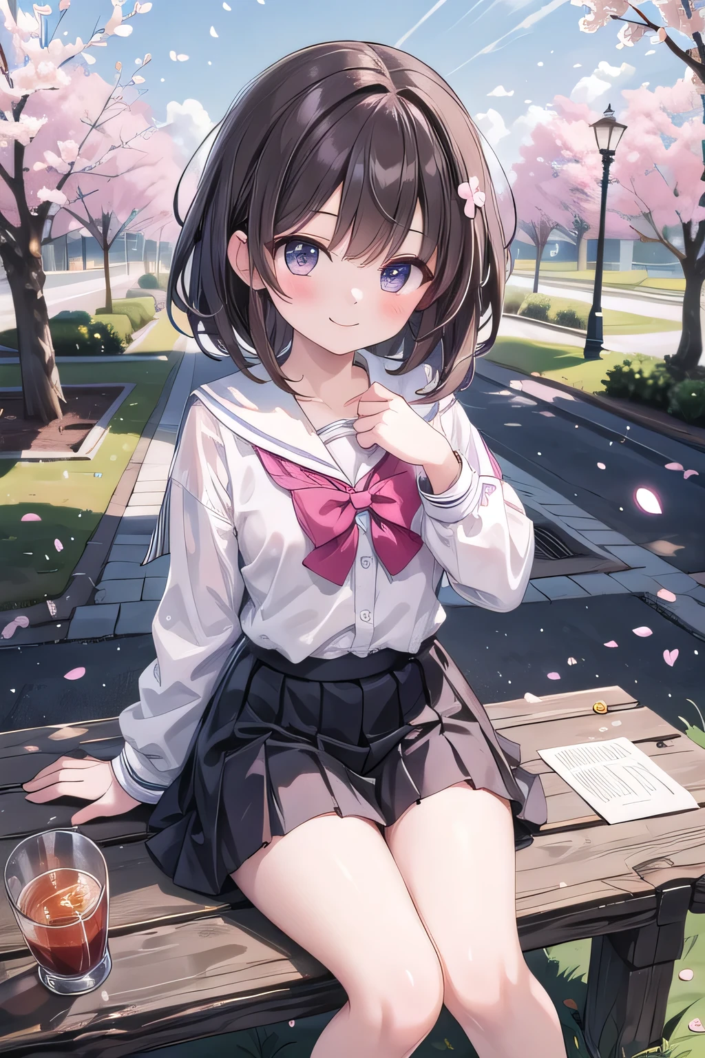 (masterpiece), School, cherry blossoms, Outdoor, One girl, Seraph, Medium Hair, Brown Hair, smile, Medium chest, Particles of light, Speckled sunlight