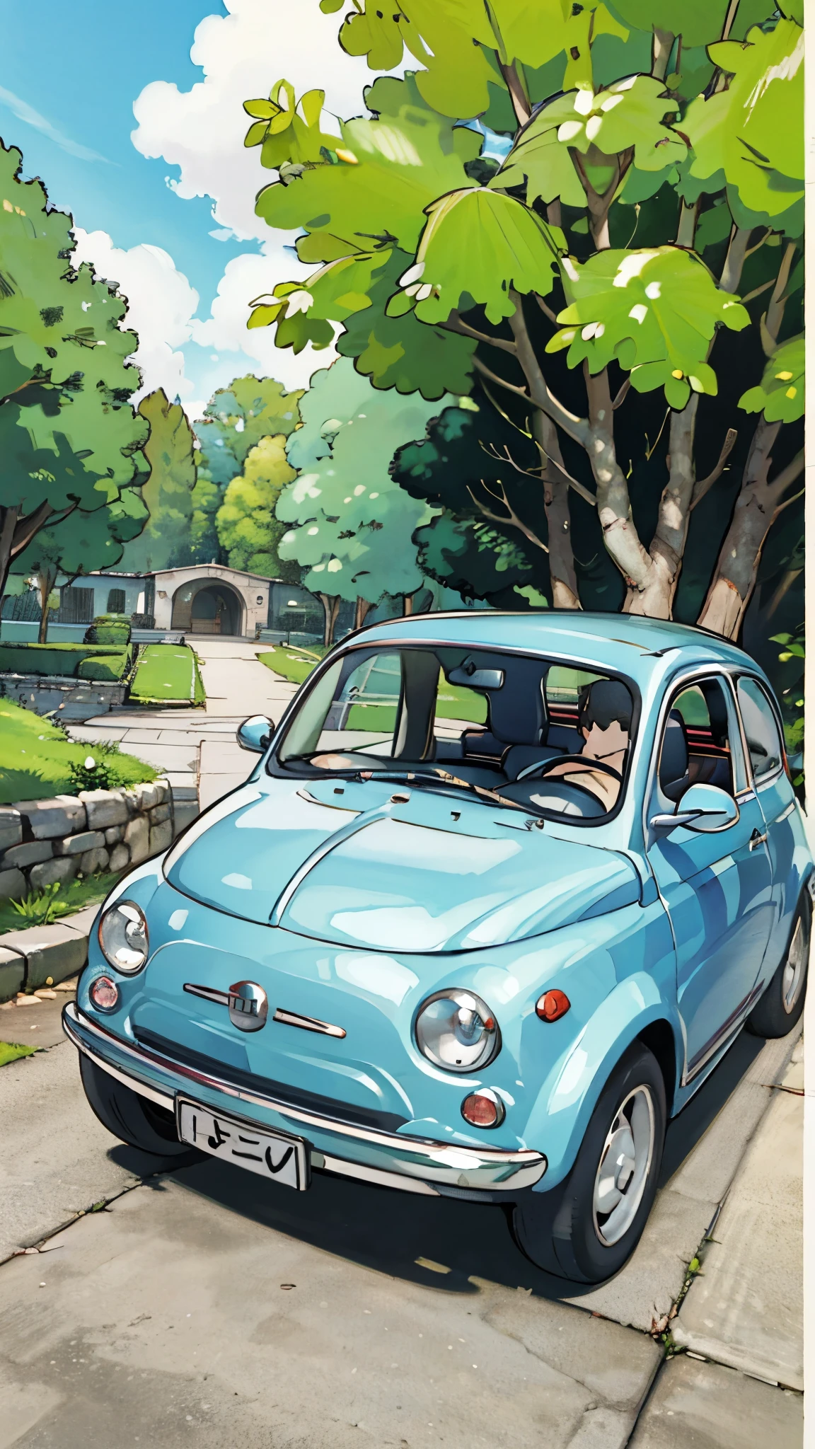 (masterpiece:1.2, Highest quality),(Very detailed),(((Anime Style))),8k,wallpaper,Fiat 500,(((ghibli style)))