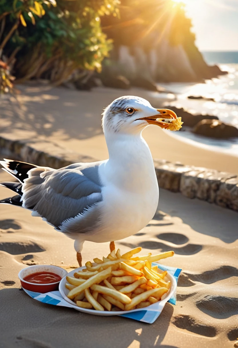 Magazine cover(masterpiece, best quality:1.2),Beautiful seagull eating french fries, Peaceful seaside scenery, Meticulous and realistic, Reality, high quality, Intricate details, Soft natural lighting, Dramatic shadows, Vibrant colors, Oil painting texture, Beautiful waves, Beach, Peaceful atmosphere（8K）（HD）