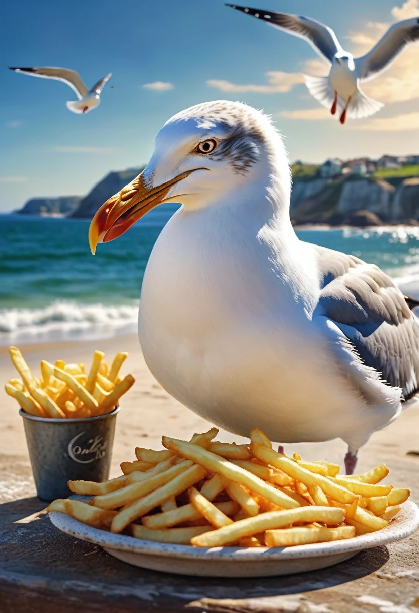 Magazine cover(masterpiece, best quality:1.2),Beautiful seagull eating french fries, Peaceful seaside scenery, Meticulous and realistic, Reality, high quality, Intricate details, Soft natural lighting, Dramatic shadows, Vibrant colors, Oil painting texture, Beautiful waves, Beach, Peaceful atmosphere(8K)(HD)
