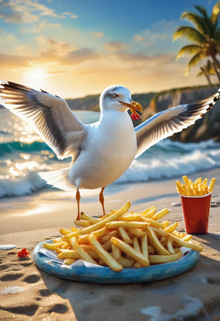 Magazine cover(masterpiece, best quality:1.2),Beautiful seagull eating french fries, Peaceful seaside scenery, Meticulous and realistic, Reality, high quality, Intricate details, Soft natural lighting, Dramatic shadows, Vibrant colors, Oil painting texture, Beautiful waves, Beach, Peaceful atmosphere(8K)(HD)