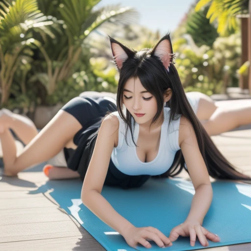 arafed asian woman wearing white shirt and black shorts lying on yoga mat，charming cat girl，Very beautiful and cute cat girl，Beautiful young cat girl，Anime Girls Cosplay，girl with cat ears，real life anime girls，animated cat girl，cat ears and tail, cat ears anime girl, korean girl, Ahri from League of Legends is a girl wearing a maid outfit，有著Big boobs，There are three women in maid costumes，Taiwanese girl 18 years old with  and big breasts doing push-ups on mat in gym（（（a lot of，Big boobs，Beauty）），charming depiction，Lively and dynamic，images full of energy，stunning details，Exquisitely crafted artwork