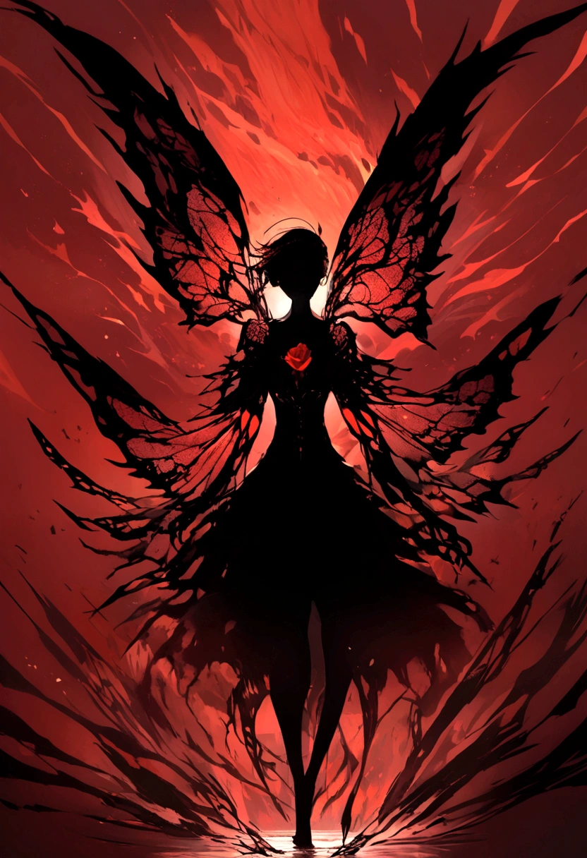 a silhouette of a vague presence, bright white eyes, red background, all black spikes hair, a silhouette of a vague presence, Fully white glowing eyes, red background, all black spikes,red rose,Fire butterflys