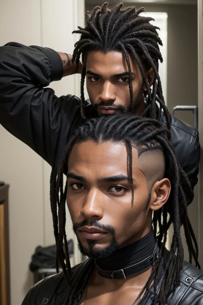 Personagem syberpunk, journal, homem, negro, cabelos cacheados amarrado em douas chiquinhas