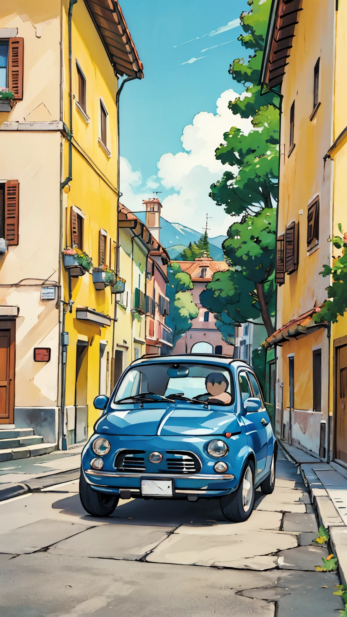 (masterpiece:1.2, Highest quality),(Very detailed),(((Anime Style))),8k,wallpaper,Fiat 500,The background behind the running is Italy,(((ghibli style)))