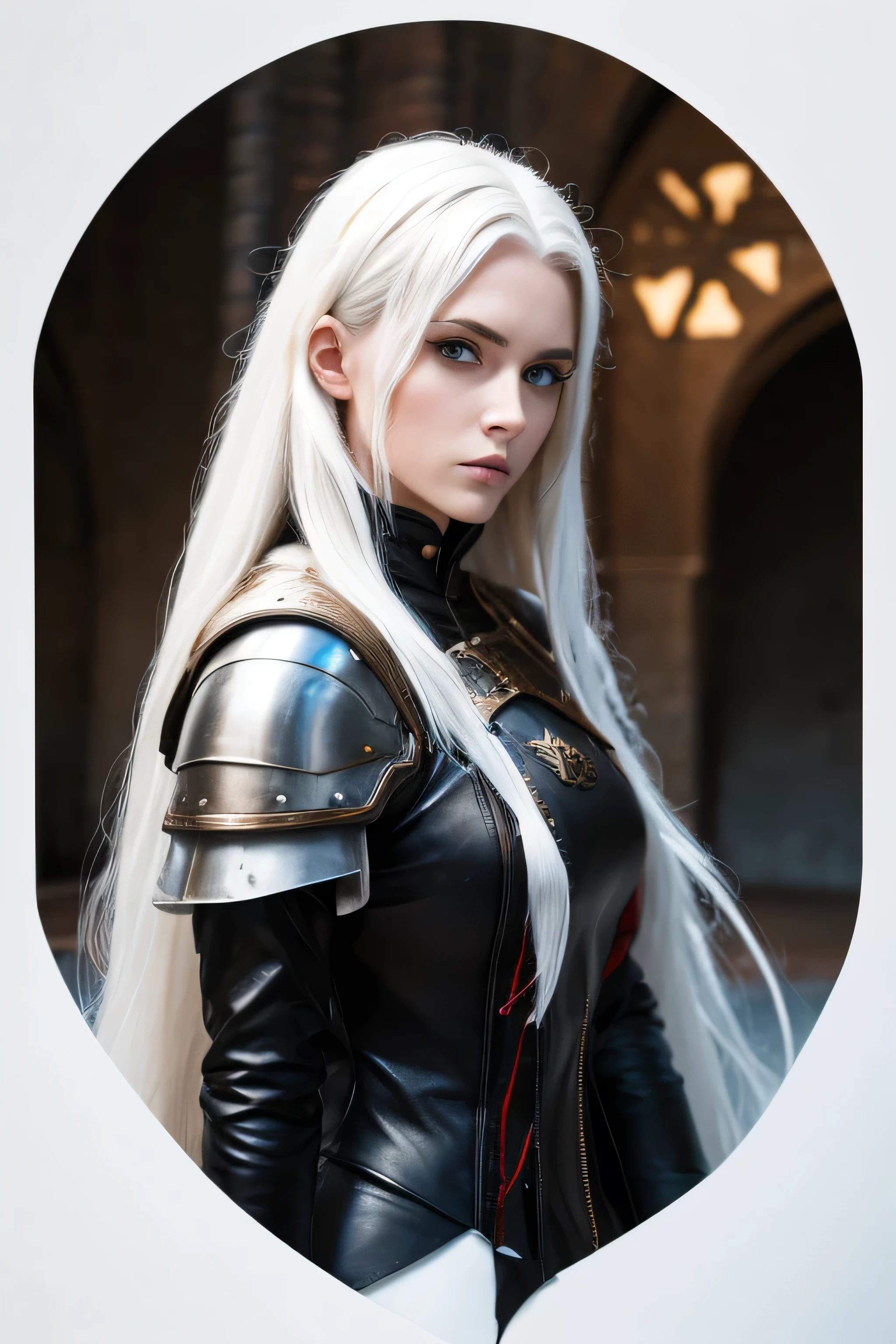 1 female medival fighter, long white hair, wearing leather, 25 years old, absurdres, high res, ultrasharp, 8K, masterpiece, the image should be of absurd resolution and high detail. It should be ultra-sharp and available in 8K resolution, representing a masterpiece in image quality.