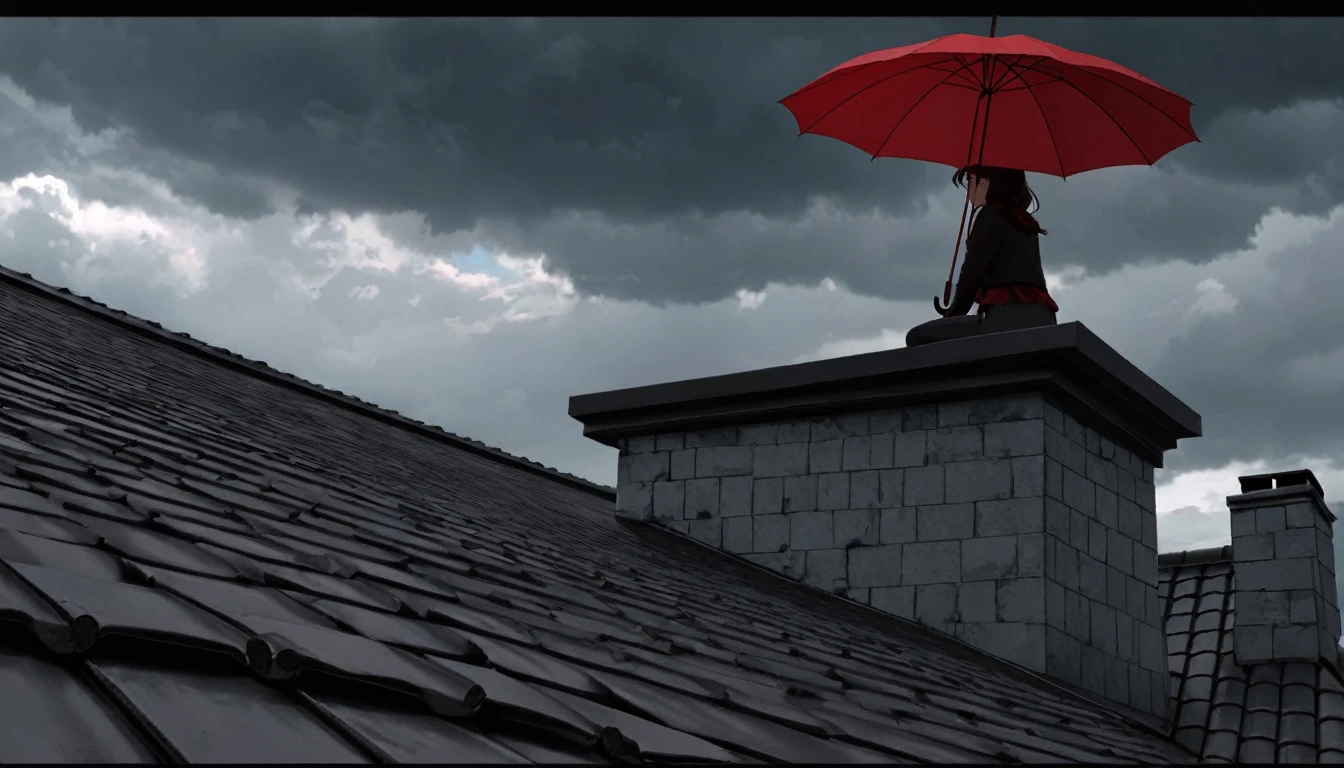 Ultra high definition animation. On a tiled roof with a chimney, a girl is crouching with a red umbrella. Out of focus behind the girl. The sky is full of dark clouds.