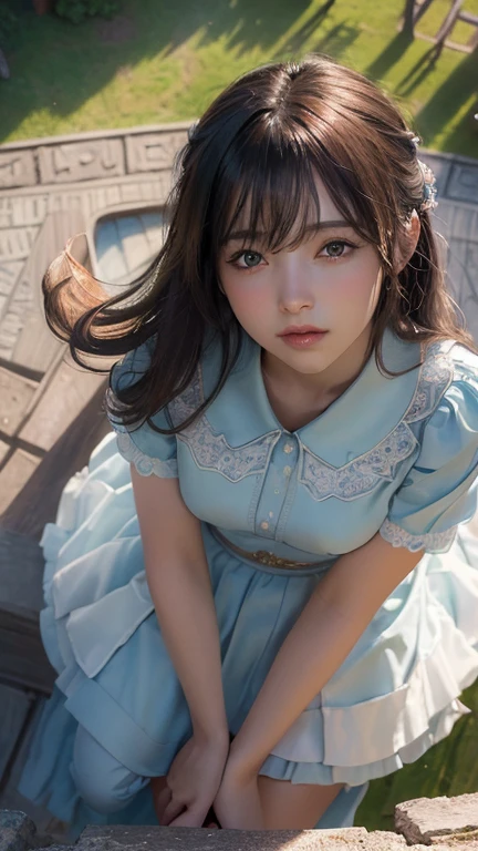 ((Highest quality)), ((masterpiece)), masterpiece, Great illustrations, Highest quality, Particles of light, Very detailed, 8k wallpaper, (Vibrant colors:1.2), (girl), , (View,Male perspective、View from above:1.4), sunlight, Shadow,