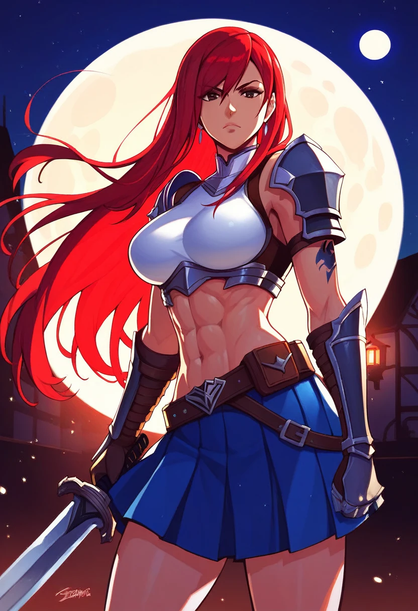 Erza, holding sword, serious, brown eyes, pauldrons,blue skirt, tattoo, gloves, breastplate, 1girl, gauntlets, belt,pleated skirt, holding weapon, red hair, shoulder armor, looking at viewer, night time, full moon, village, torches, 
,masterpiece, best quality,animerza