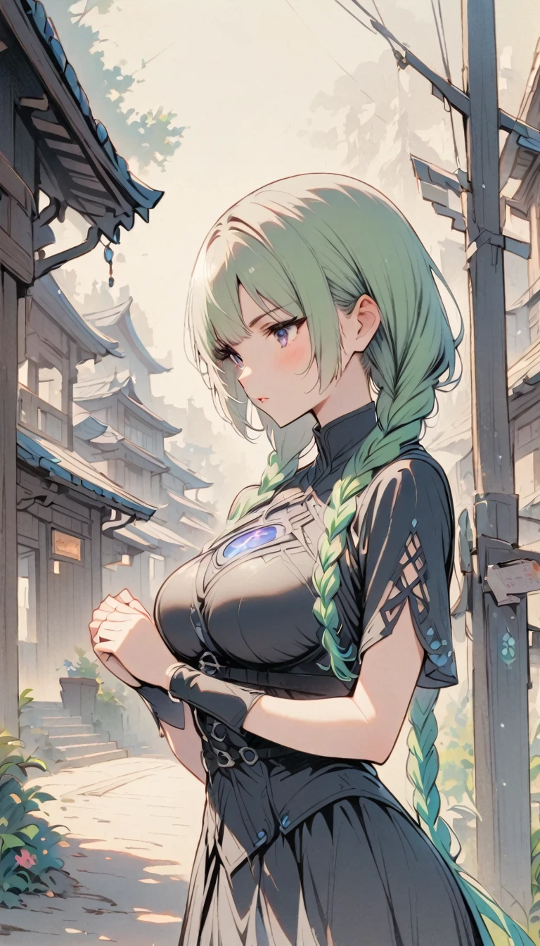 Green Hair、Girl、mysterious、Leather shoeiddle ageechanic、adventure、Hakage、straight、Real