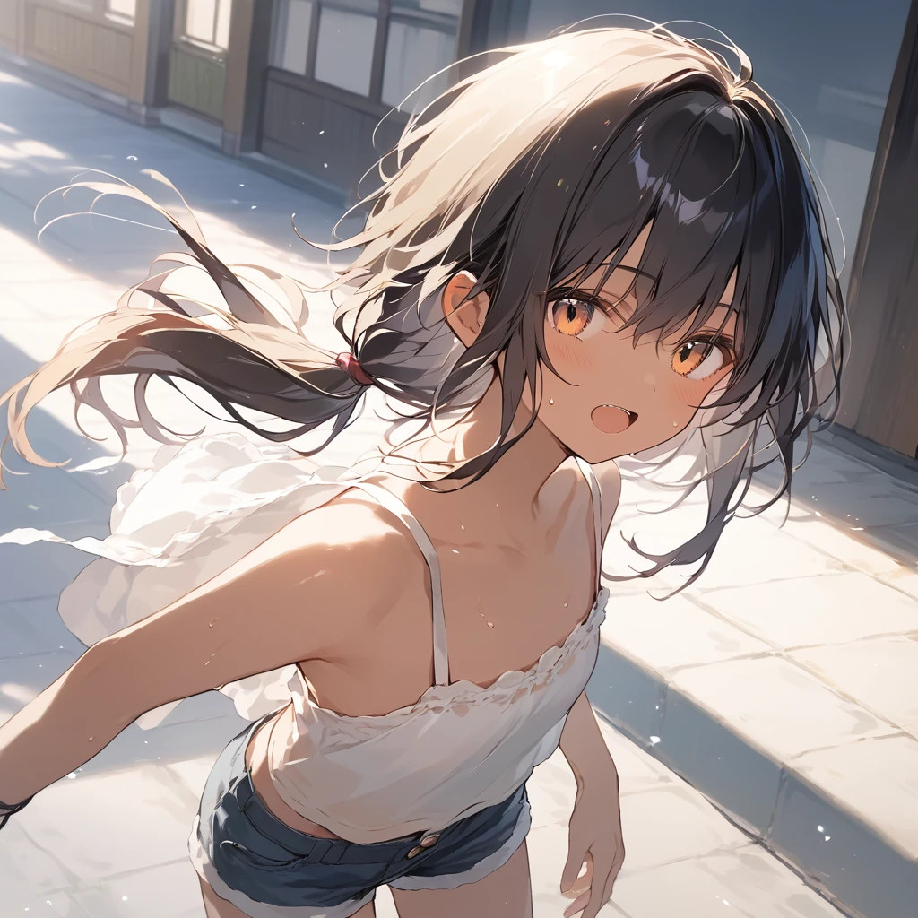 score_9, score_8_up, score_7_up, source_anime, best quality, masterpiece,official art, absurdres, highres, waifu2x,Collection: Slice of Life,break,1girl, tomboy, dark-skinned female, short hair, low ponytail, flat chest, beautiful detailed eyes, short shorts, sweat, open mouth, (yawn:0.3), sleepily, outdoors, wind, break,(clear line illustration:1.2),very high resolution, very aesthetic, super detailed skin, Best sexual lighting powered by famous artist, 8k,cute picture,beauty illustration,photoshop_(medium),,(Detailed Lighting)