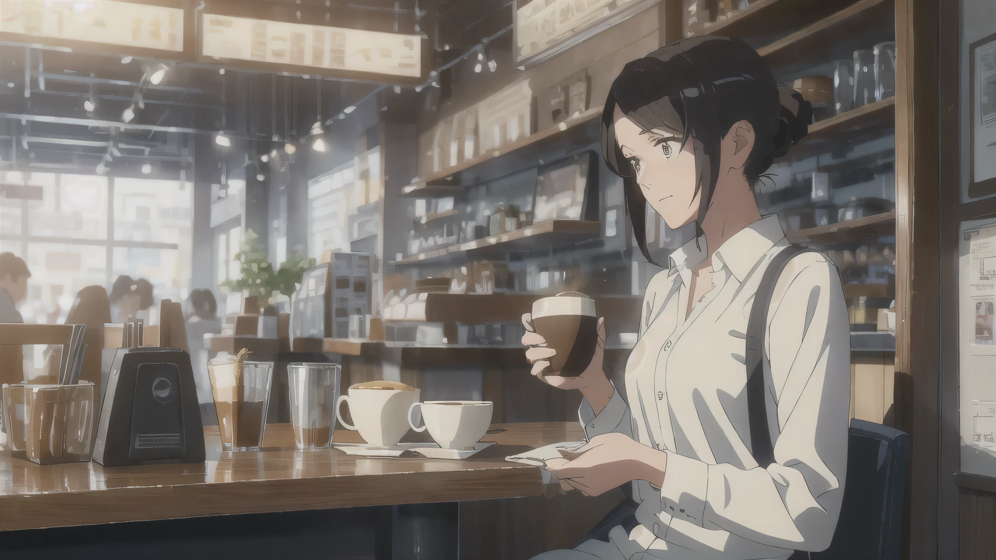 The Wind of Sincerity, anime, After the Rain, Moving visual effects, Natural glare. Wearing a dress shirt and tie,denim, A 20-year-old with a kind face drinking coffee alone at a cafe, Cute woman drinking coffee and listening to music happily,