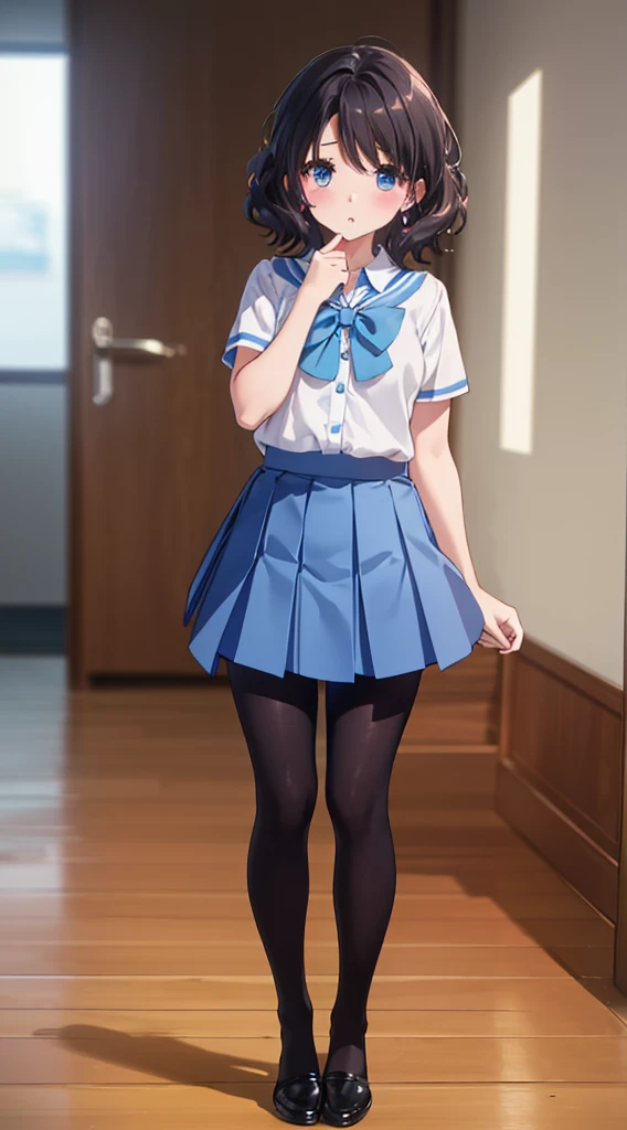 (8k、Best image quality、Highest quality、masterpiece)、One Girl、((Full body))、short hair、Wavy Hair、blush、Moderate bust、White collared shirt、Short sleeve、((Blue pleated mini skirt))、Cowboy Shot、Classroom Background、((black tights))、Black hose、((No shoes))