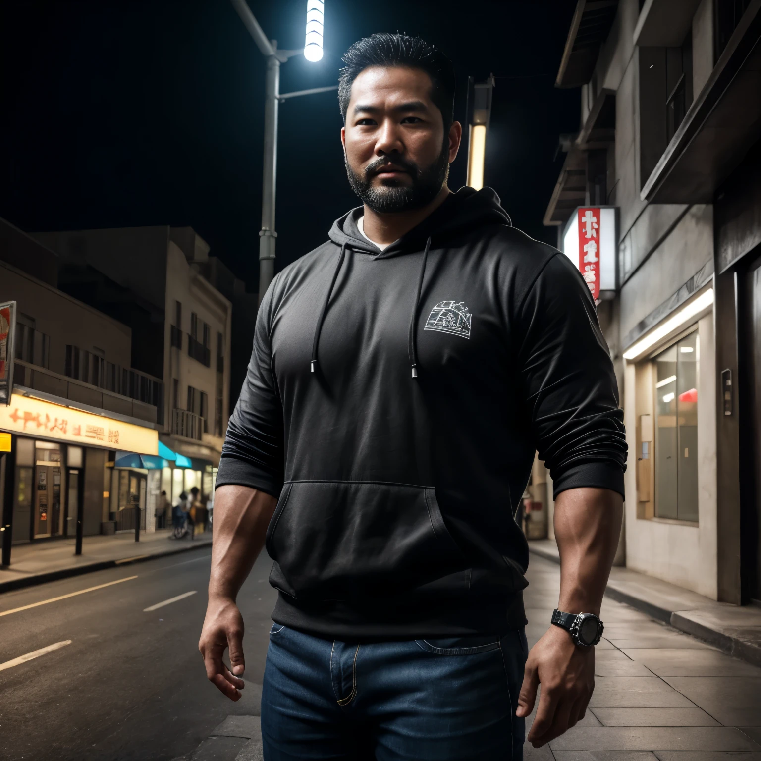An award-winning original photo,A wild plump east asian uncle man, (39 years old daddy:1.1), 1boy, Solo, handsome, nerdy, stubbles, Short beard, small eyes, detailed eyes:1.1, big round face shape, (Detailed face:1.3), crew cut hair, hood T-shirt, volumetric lighting, (Best quality, A high resolution, Photorealistic), Cinematic lighting, Masterpiece, in the street, RAW photo, Intricate details, hdr, depth of field, full body shot, macho