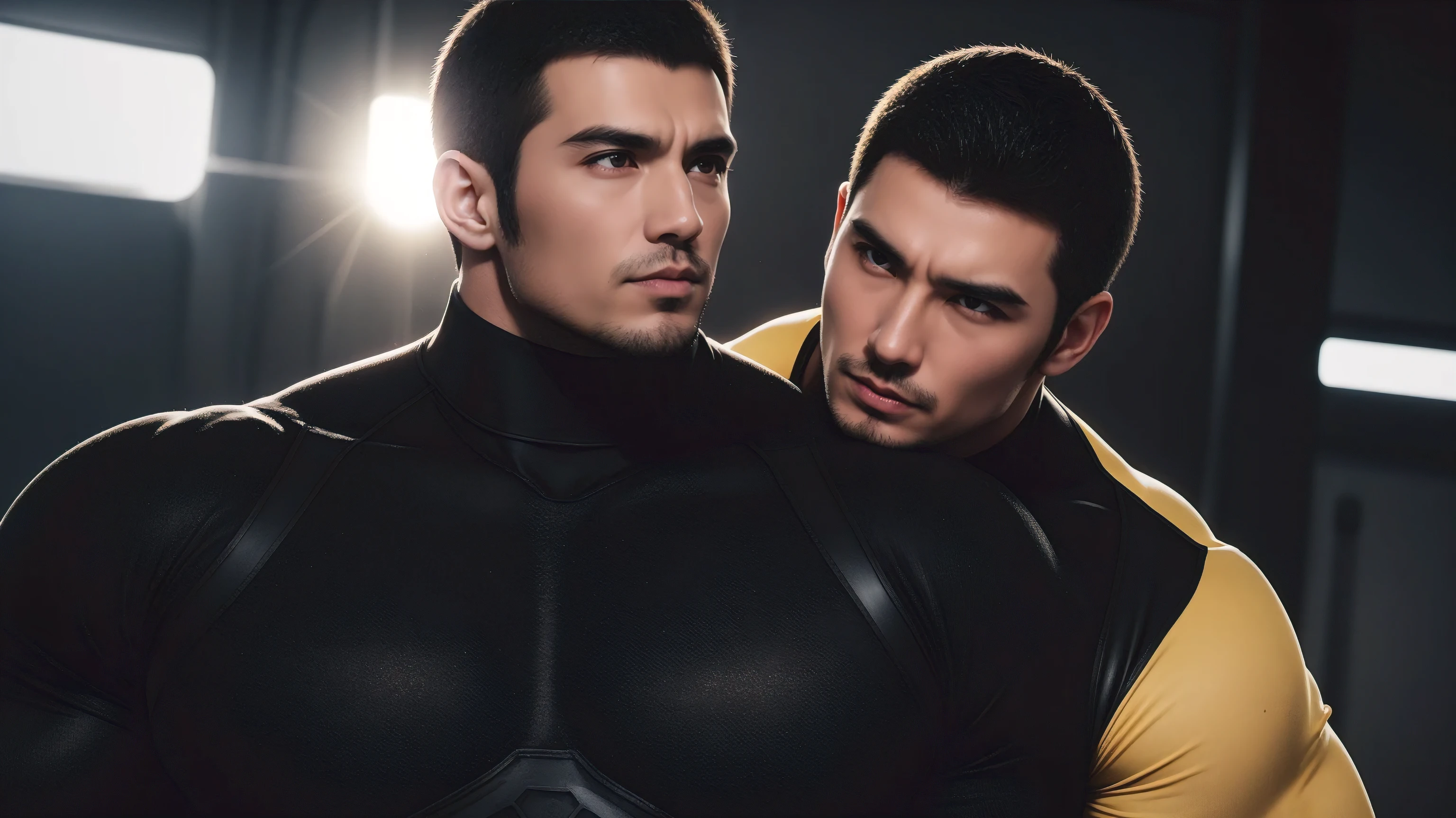 Super muscular man hugging,  Sad eyes，Wear sunglasses，They embrace affectionately，short hair，On a vintage outdoor street under the hot sun, Wear long sleeves, Deep turtleneck bodysuit, Thickened warm elastic texture，The clothes are dirty，There are mud stains，Looks sad, Thick thighs, messy hair, Thick thighs, High target-necked long-sleeved dark yellow high-necked tights, very tight, Regular symmetrical pattern, High targetlight muscles, Police uniform pants, character concept（Resident Evil - chris redfield, chris redfield）A proud expression, Deep and charming eyes, Valiant male pose, tall Burly, muscular！muscular thighs, Tough Guy, Perfect facial features, High target, Burly, Heqiang, Super exquisite and cool, High target Resolution Committee, Attractive, The sun is blazing, Dazzling