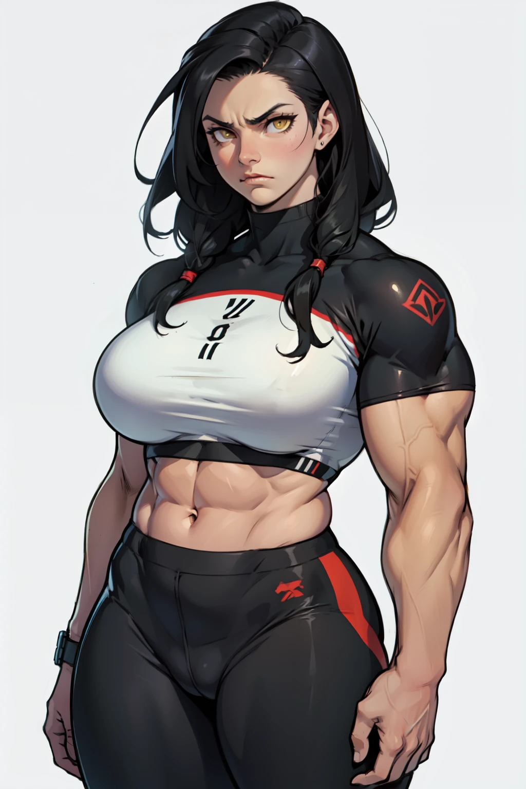 female sad frown disappointed (((muscular girl large breasts thick))) yellow eyes black hair pale best quality