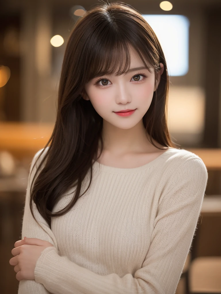 Tabletop, Highest quality, shape, Very detailed, finely, High resolution, 8k wallpaper, 完璧なダイナミックな構shape, Beautiful and detailed, Elegant winter clothes,Medium Hair,Small breasts Natural color Lips, Bold sexy pose,smile、20-year-old girl、cute、Looking at the camera is sexy,night,Beautiful and elaborate face,Elegant face,Perfect and beautiful face,Slim face and body,Spread your arms wide、Background Blur