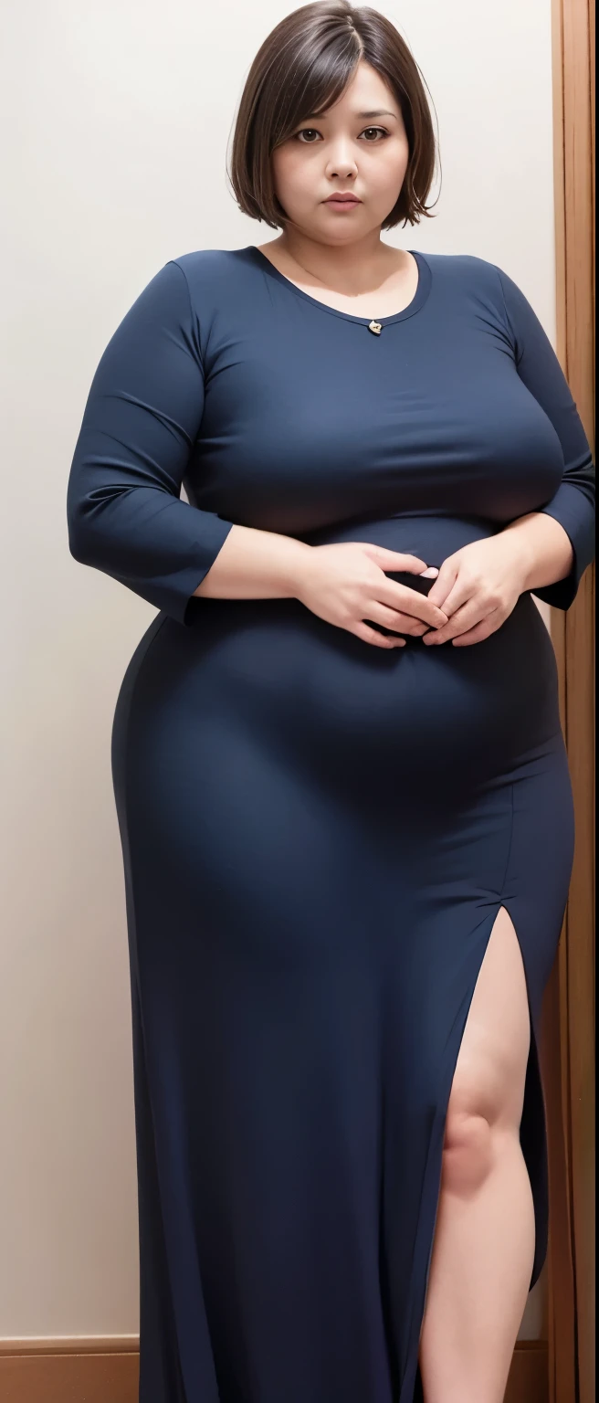 Chubby woman with fat belly and tight thighs, full body, 50-year-old mature woman, thick hips, thick neck, thick chest, big eyes, wearing a longest dress, wearing a sneakers