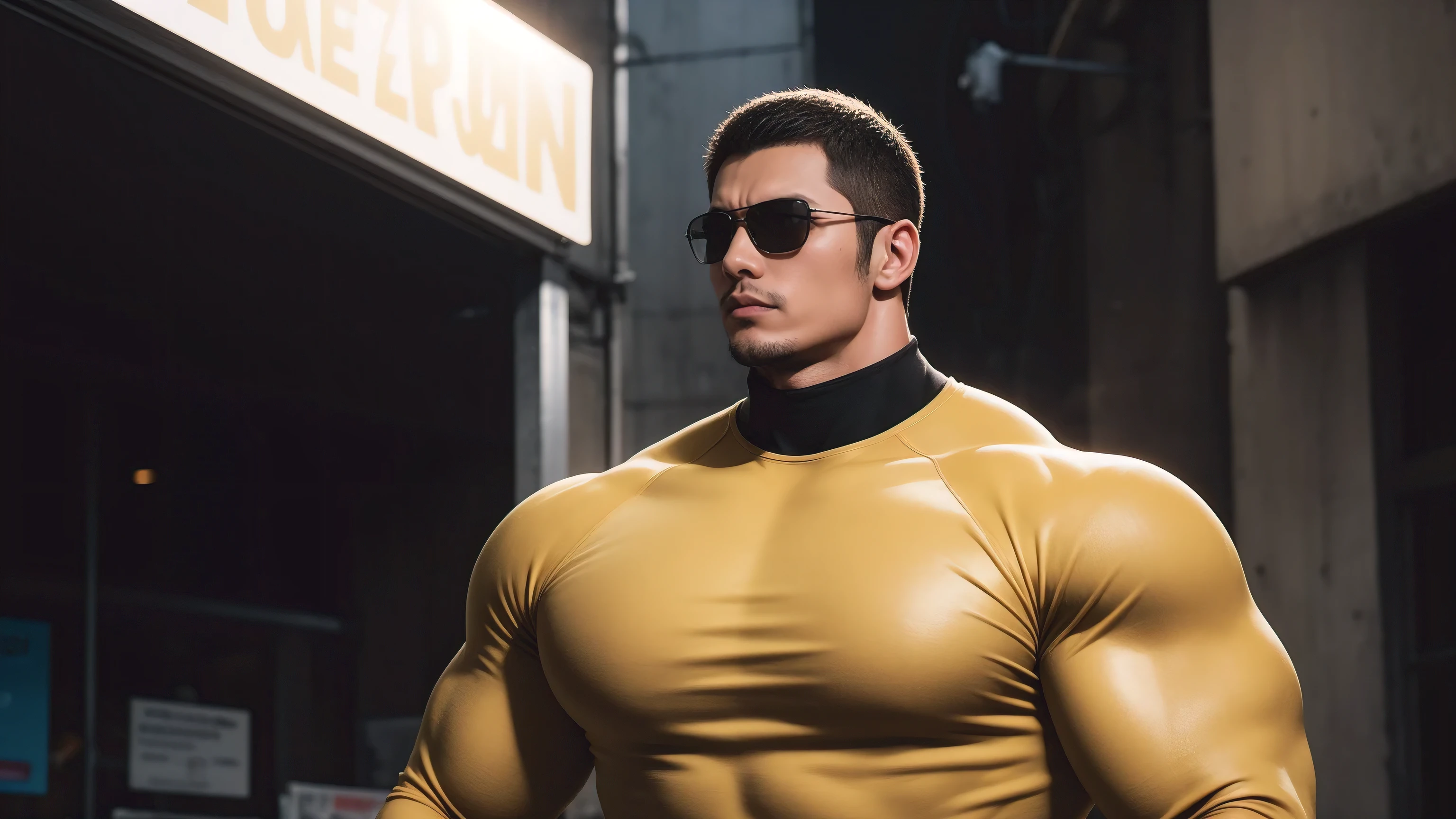 Super muscular man hugging,  Sad eyes，Wear sunglasses，They embrace affectionately，short hair，On a vintage outdoor street under the hot sun, Wear long sleeves, Deep turtleneck bodysuit, Thickened warm elastic texture，The clothes are dirty，There are mud stains，Looks sad, Thick thighs, messy hair, Thick thighs, High target-necked long-sleeved dark yellow high-necked tights, very tight, Regular symmetrical pattern, High targetlight muscles, Police uniform pants, character concept（Resident Evil - chris redfield, chris redfield）A proud expression, Deep and charming eyes, Valiant male pose, tall Burly, muscular！muscular thighs, Tough Guy, Perfect facial features, High target, Burly, Heqiang, Super exquisite and cool, High target Resolution Committee, Attractive, The sun is blazing, Dazzling