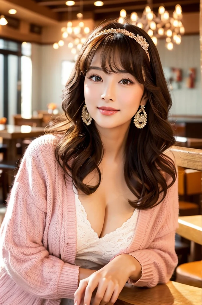 Family restaurant parking lot, full-time housewife, ((full body)), ((photo)), ((best qualtiy, 8K, tmasterpiece:1.3)), Focus:1.2, perfect figure beautiful girl:1.4, 1girl, cowboy shot, look at viewer, incredibly absurd, beautiful and cute girl with a photorealistic face, showcasing top-quality craftsmanship, Japanese woman eating at a family restaurant, 21 years old, medium-long brown hair, parted in the middle with curls at the ends, bangs cut above the eyes, naturally rounded hairline, large chocolate brown eyes, long eyelashes, pinky lips, slightly high nose, oval face, fine skin, plump cheeks, soft chin, gentle smile, glamorous, fair skin, large buttocks, beautiful D-cup breasts, beige dress, pink cardigan, floral scarf, earrings, hair accessory, pretty older woman, beautiful, glamorous, gentle, attentive, passionate, curious, loves to talk, September
