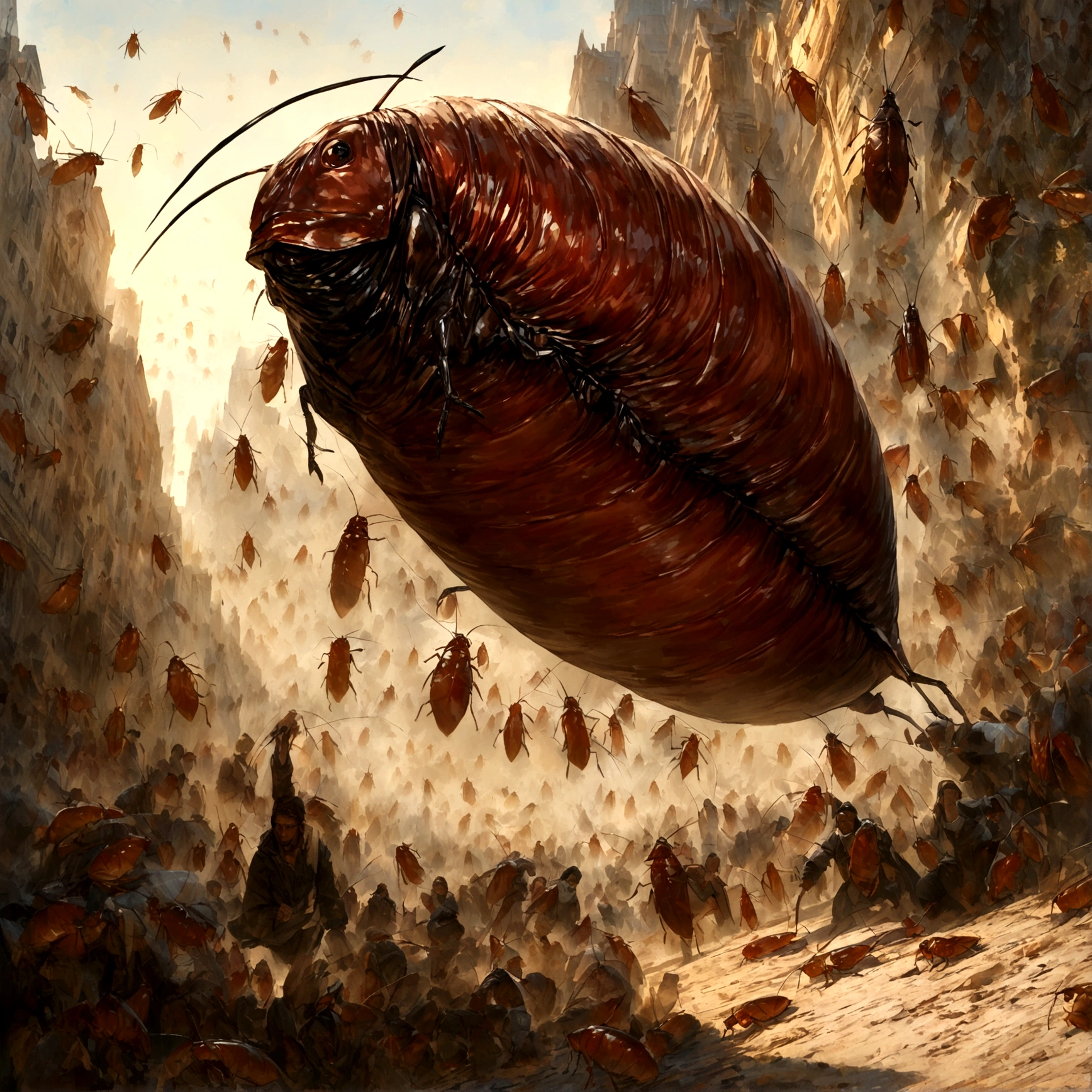 8K、Ultra HD、Highest quality、people々A giant cockroach attacks、Detailed Background、Detailed cockroach、Cockroaches flying from the sky、Realistic cockroaches、Cockroaches swarming in droves、