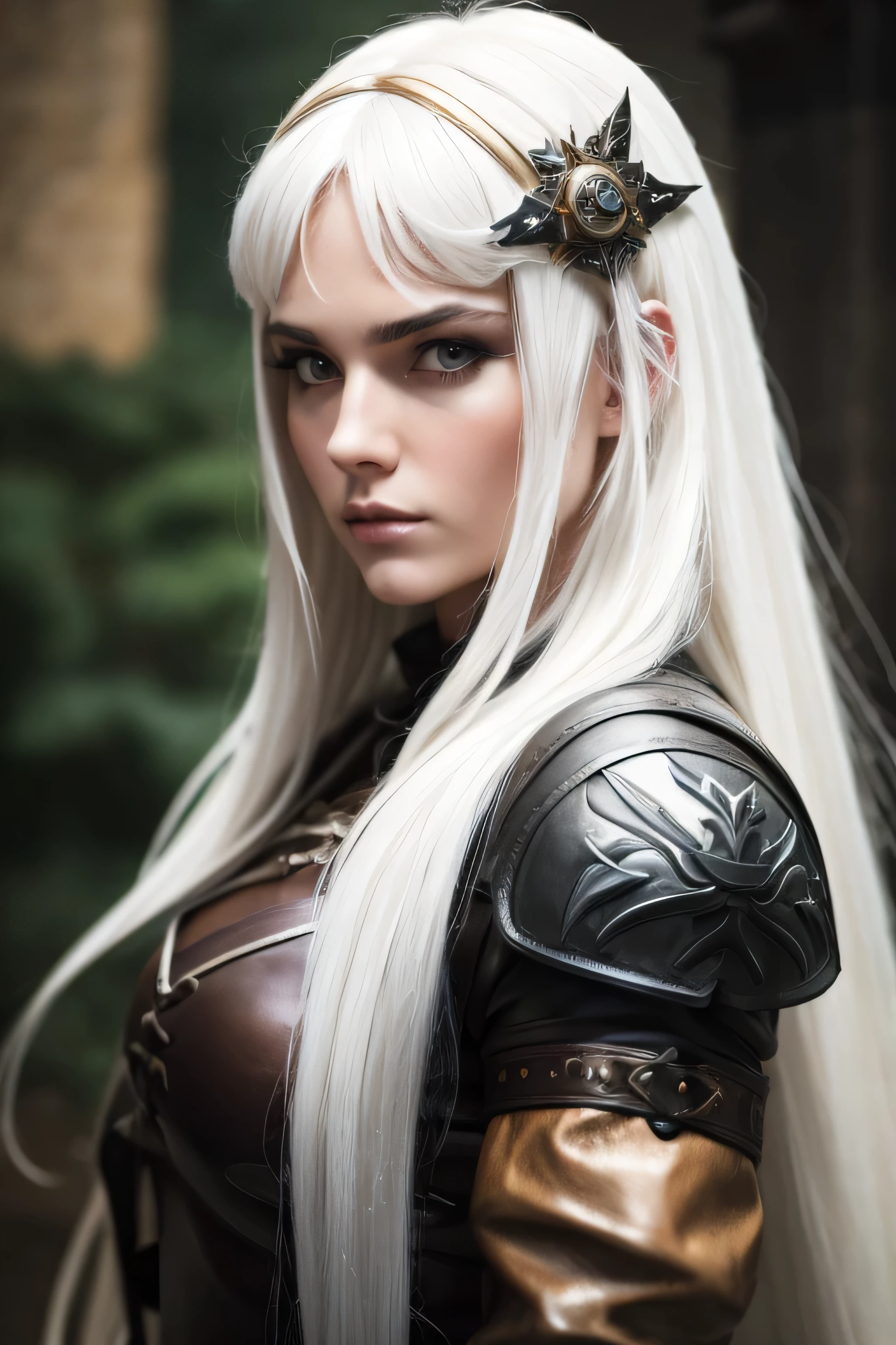 1 female medival fighter, long white hair, wearing leather, 25 years old, absurdres, high res, ultrasharp, 8K, masterpiece, the image should be of absurd resolution and high detail. It should be ultra-sharp and available in 8K resolution, representing a masterpiece in image quality.