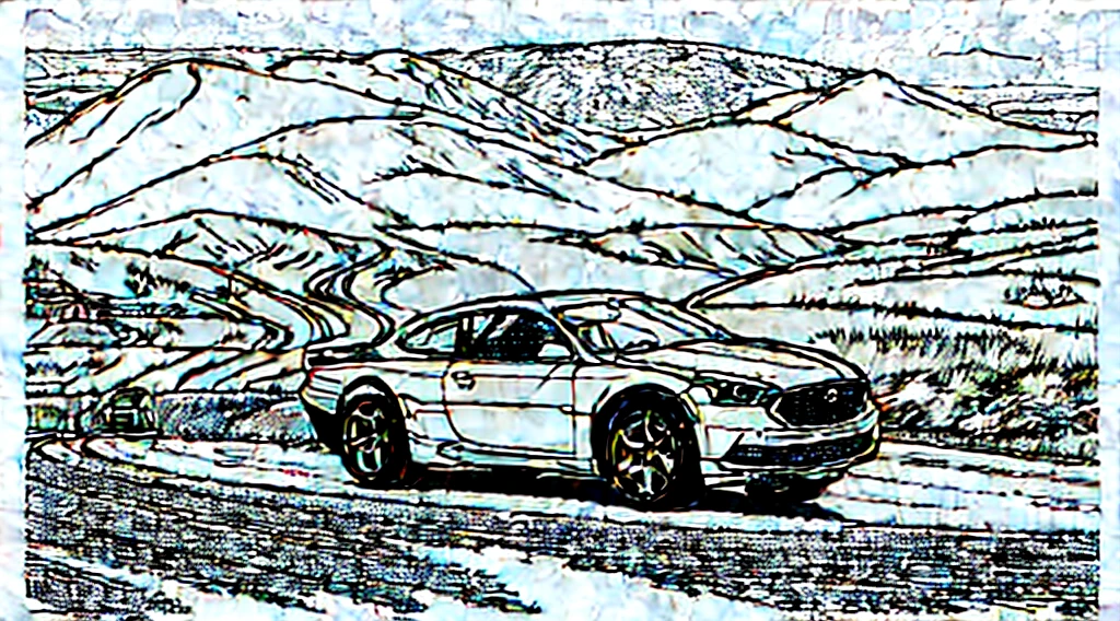 Colouring book page, beautifully drawn, black and white, car racing in the mountains and on the coast, standing alone on land, simple line, illustration, ink drawing, thick outlines very visible, clean lines, dashed drawing, clipart. A car is moving along the road, another car is catching up with it from behind. The sea and mountains are in the background.