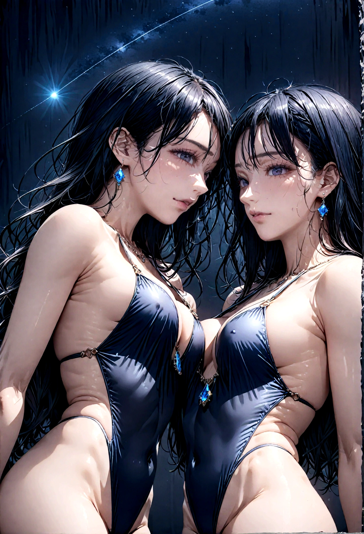 8k, masterpiece, RAW Photos, Highest quality, Realistic, Very detailed, Depth of written boundary, Cinematic Light, Anatomically correct body,
One beautiful 40 year old woman, Very beautiful face, Exquisitely detailed face, (A calm and gentle face:1.4), Very delicate skin texture, Transparent muscle, Shiny white skin, Glamorous Body,
(Wavy black long hair:1.2), Sexy Breasts, Sexy ass,
(Skimpy hentai swimsuit:1.4), (Detailed cloth texture:1.2), (Body chain accessory with detailed jewel studded embellishments:1.3), (Gorgeous necklace:1.1), (Gorgeous earrings:1.1),
(Dark starry background:1.4), (Milky Way:1.1), (milky way:1.1), (shooting star:1.1), (Dark coastline at night:1.4), (Pitch black sea surface:1.4),
(Standing on the beach:1.2),
(Low angle shot:1.8),