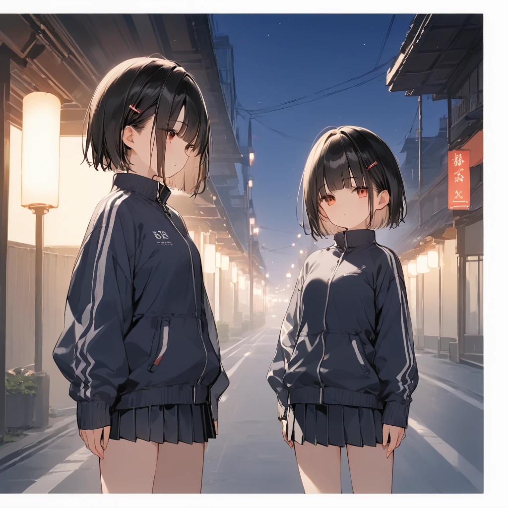 score_9, score_8_up, score_7_up, source_anime, best quality, masterpiece,official art, absurdres, highres, waifu2x, break,1girl, ninja girl, short hair, blunt bangs, small breasts, beautiful detailed eyes,track suit, pleated skirt, sleepily, night, outdoors, break,(clear line illustration:1.2),very high resolution, very aesthetic, super detailed skin, Best sexual lighting powered by famous artist, 8k,cute picture,beauty illustration,photoshop_(medium),,(Detailed Lighting)