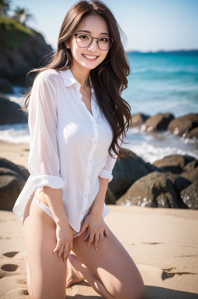 8k, The beauty of raw photography:2.0, Big Breasts, , （（Glasses））, ((White Shirt)), (Show your crotch), （（Are standing））Medium Wavy Hair, 29-year-old, Great face and dark eyes, Looking into the camera, Upward glance, Big smile, Showing teeth, （White shirts:1.2), Realistic:1.9, High-resolution RAW color photos, Professional photos, Night beach photoshoot, Sexy portrait of a girl,　Sunlight on the face, ((Full Body Shot)）