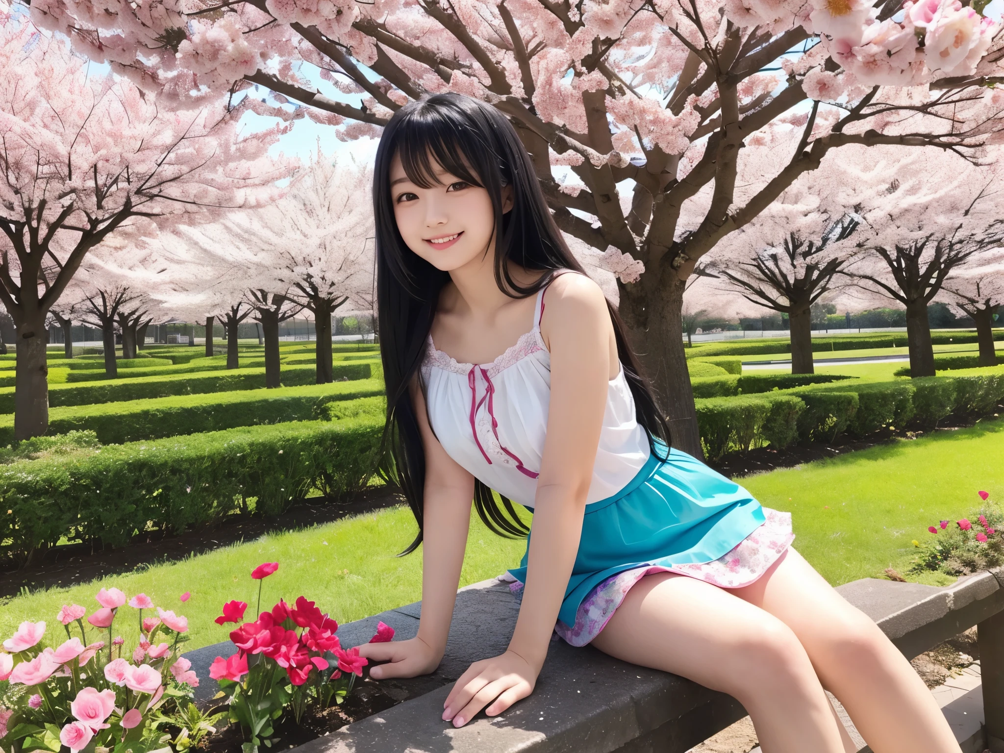 cute girl 

long hair 

(black hair) 

gentle smile 

colorful flower garden 

girl sitting 

clear scenery 

Big cherry trees on the left and right 

