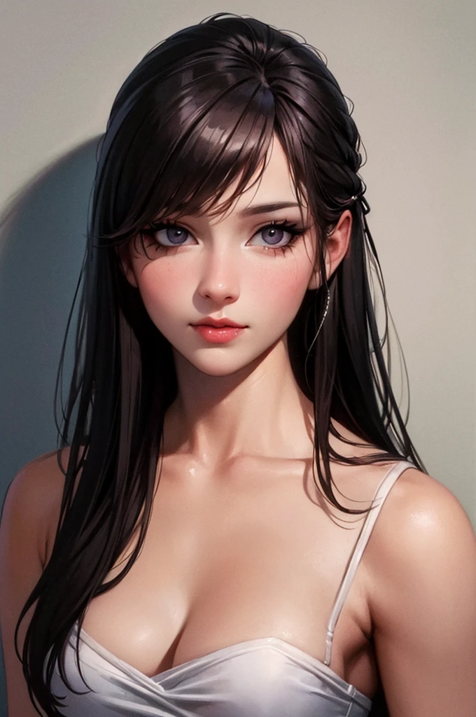 photoRealistic, Lip gloss, Painting, Realistic, Highest quality, Ultra-high resolution, depth, pastel colour, Natural Shading, Focus on the face, Face only, View your viewers, Long Hair, hair accessory, Black Hair, Brown, well-detailed eyes, dress