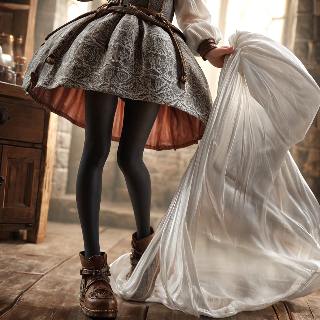 10 year old girl underwear, Realistic panties made from patterned cotton fabric, Medieval one-piece dress with panniers, Fabric Realism, Low - Angle, You can see the drawer, Pull up the dress by hand, Strong winds, Translucent slip, Translucent slip, tights, Highest quality, Crotch close-up, whole body
