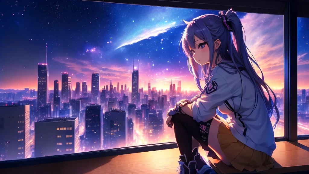 Anime girl sitting on a window sill looking at the city skyline, Nightcore, Anime Style 4k, anime art wallpaper 4k, anime art wallpaper 4k, anime wallpaper 4k, anime wallpaper 4k, 4k anime wallpaper, Anime Art Wallpapers 8K, Ultra HD Anime Wallpaper, Anime atmosphere, Anime Girl Desktop Backgrounds, Anime Background, Anime Aesthetics